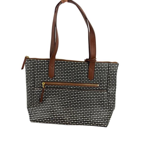Fossil Rachel Leather Black Striped Tote Purse Classic Brown Black - Picture 1 of 16